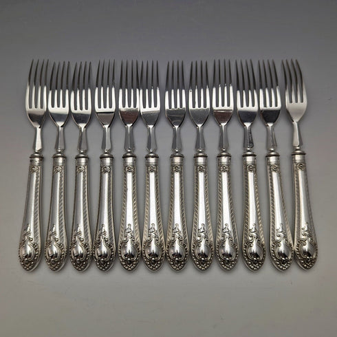 Around 1900 British antique silver plated cutlery 12 pair set in wooden box Walker & Hall